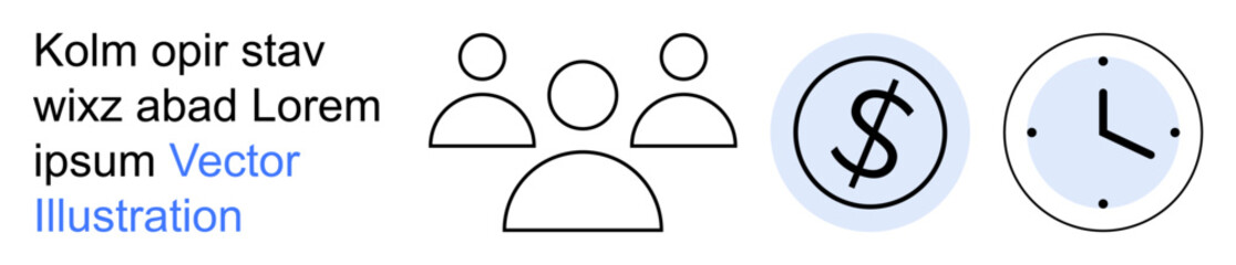 Collaboration, productivity, time management, financial planning, business strategy, organization. Group of three individuals, a clock and a dollar sign. Teamwork and productivity
