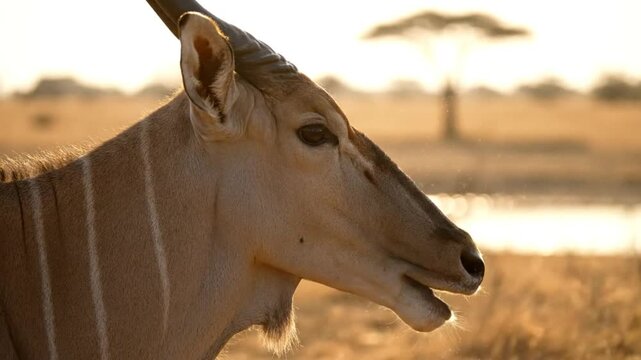 Close-up of an eland in the wild, showcasing its majestic features in the golden hour light, savanna landscape