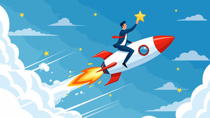 Businessman riding rocket to reach for the star, symbolizing success, ambition, and innovation
