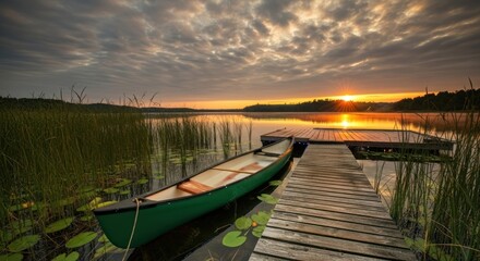 Serene sunrise over tranquil lake with a green canoe tied to a wooden dock, surrounded by reeds and lily pads under a dramatic cloudy sky.