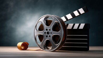 Film reel with clapperboard and film strip on wooden surface, showcasing classic cinema elements, creating a nostalgic atmosphere for movie lovers and filmmakers