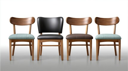 Obraz premium Stylish wooden chairs in various colors arranged in a row, featuring a central black chair, showcasing modern design and contrasting textures in a minimalistic setting