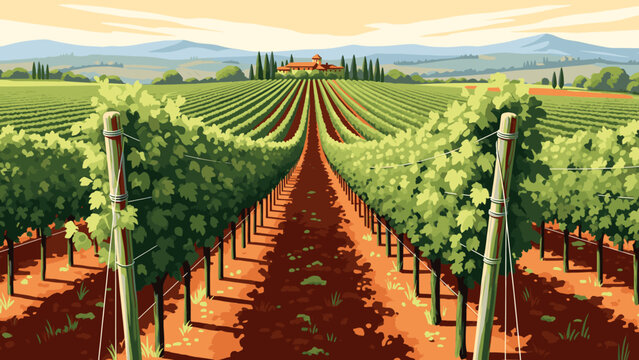 Idyllic italian vineyard with rows of grapevines leading to a tuscan villa under a clear sky