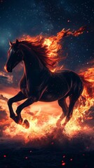 Majestic Mythological Stallion Surrounded by Fiery Flames, Transforming into a Powerful Beast, Fire Horse, a symbol of the New Year