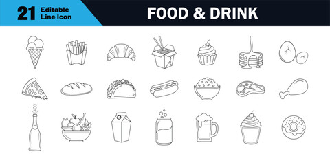 Food and drink editable icon set. Outline thin icons including meal, beverage, fruits, fast food, bakery, alcohol, main dishes, pastries, desserts and drinks. Editable stroke, vector illustration.