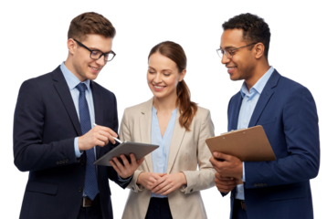 Diverse business team collaborating and discussing with tablet on white or transparent background.