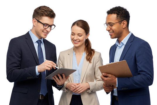 Diverse business team collaborating and discussing with tablet on white or transparent background.