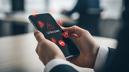 Person holding smartphone with unknown caller and warning icons hand