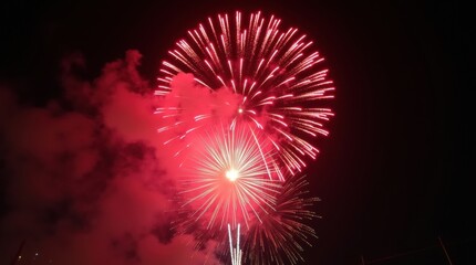 Vibrant red fireworks exploding against a dark night sky