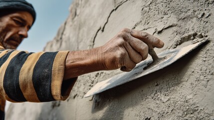 Obraz premium Skilled construction worker applying plaster to a wall with a trowel, showcasing craftsmanship and attention to detail in a construction site environment with textured surfaces