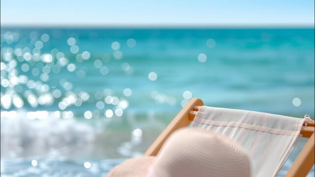 Wooden beach chair holding straw hat, towel near turquoise waters, representing peaceful seaside relaxation video 4k