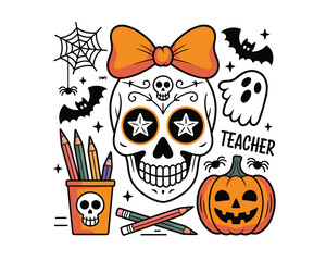 Whimsical Halloween Sugar Skull and Teacher-Themed School Supplies Illustration