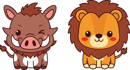 Cute wild animal cartoon set with smiling warthog and lion characters, adorable safari animal vector illustration © Sumon Creative
