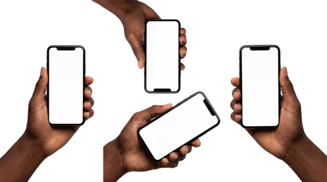Multiple black hands holding smartphone with blank white screens for mockup and UI design on white or transparent background. - Powered by Adobe