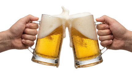 Cheers with frothy beer mugs in celebratory toast on white or transparent background.