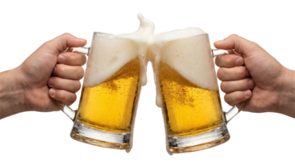 Cheers with frothy beer mugs in celebratory toast on white or transparent background.