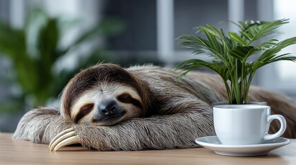 Obraz premium Sloth resting peacefully on a wooden table beside a small potted plant and a white coffee cup, creating a serene and calming atmosphere in a cozy indoor environment