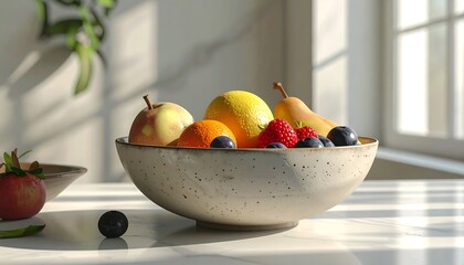 Fresh Fruit Bowl on a Sunny Kitchen Countertop.