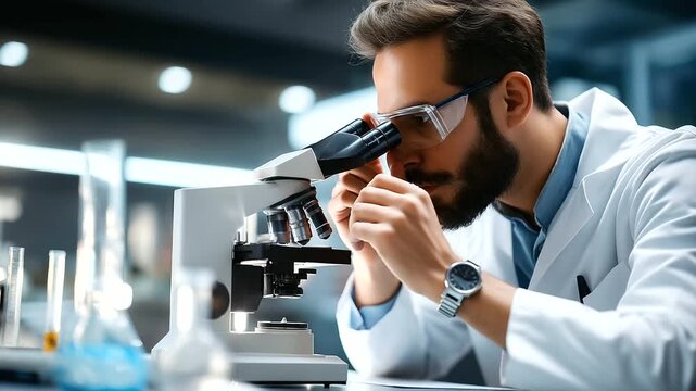 Dedicated scientist conducting, intricate research activity, microscope usage scene, organic synthesis laboratory, chemical analysis work, pharmaceutical research setting, professi