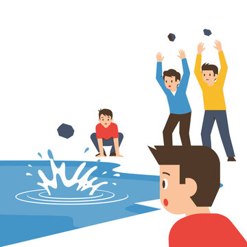 Cartoonish scene of boys throwing rocks into water creating a playful atmosphere and splash effects