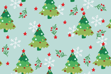 Festive seamless pattern with Christmas trees, red stars, berries, and snowflakes on a light blue background, perfect for cheerful holiday designs.