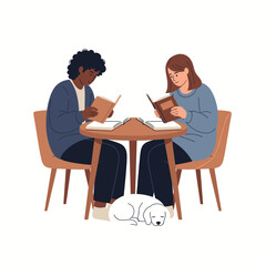 Fototapeta premium Illustration of two young women reading together with a dog sleeping peacefully at their feet