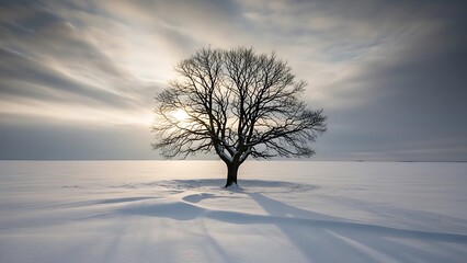 A lonely tree stands resilient in a vast, snow-covered winter landscape under a dramatic sky