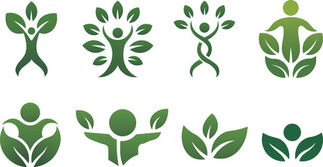 Set of green human tree and leaf logos representing growth and nature isolated on white