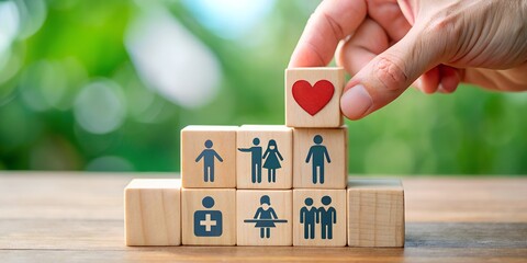 Hand placing a red heart block on wooden cubes with family and health icons