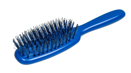 Bright blue plastic hairbrush with dark bristles on a stark for beauty product display