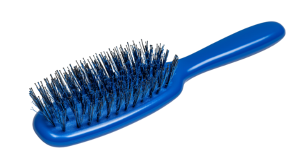 Bright blue plastic hairbrush with dark bristles on a stark for beauty product display