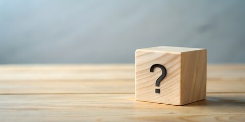 Question mark on wooden block on light table, concept of solution, doubt, query.