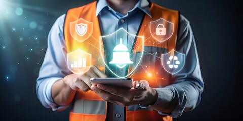 Safety manager uses phone for digital security, incident alerts, and risk control.