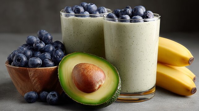 Freshly blended green smoothie made with avocado, bananas, and blueberries, served in clear glasses alongside a bowl of blueberries and ripe bananas, showcasing healthy lifestyle choices - Powered by Adobe