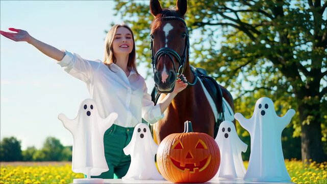 Young woman stands beside a brown horse with glowing Halloween ghost decorations and a jack o' lantern