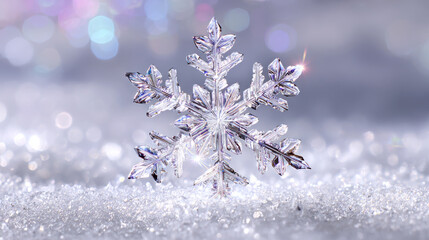 Intricate snowflake resting on a bed of sparkling snow, illuminated by soft light, creating a magical winter atmosphere with shimmering bokeh in the background