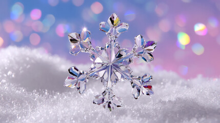 Crystal snowflake ornament resting on soft snow, sparkling in the light, with a dreamy bokeh background creating a magical winter atmosphere for seasonal decor