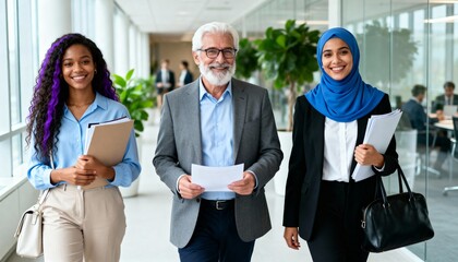 Diverse and multicultural business team walking confidently through modern office hallway.
