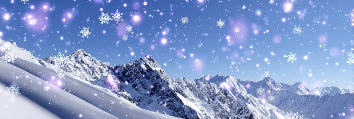 Snowy mountain landscape under a clear blue sky, adorned with falling snowflakes and a magical atmosphere, creating a serene winter wonderland scene for seasonal inspiration