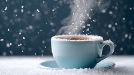Hot beverage in a light blue cup surrounded by falling snowflakes on a snowy surface, creating a cozy winter atmosphere with warm steam rising