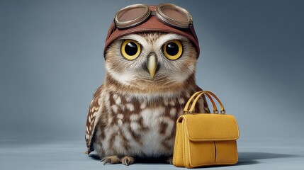 Owl wearing aviator goggles and holding a stylish yellow handbag, showcasing a whimsical blend of fashion and nature in a playful, imaginative setting
