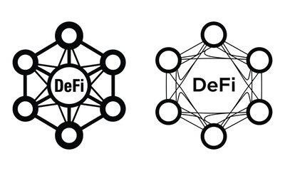 Decentralized finance network diagrams with bold defi text on white background