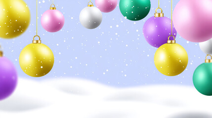 Colorful Christmas ornaments in various shapes and sizes hang against a soft blue background with falling snowflakes, creating a festive winter atmosphere with copy space