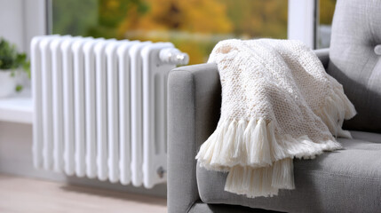 Cozy living room scene featuring a soft knitted blanket draped over a modern gray sofa beside a white radiator, creating a warm and inviting atmosphere for relaxation