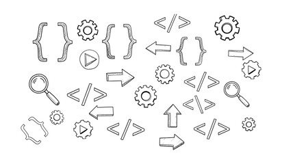 Fototapeta premium Hand Drawn Coding and Technology Icons Including Braces Gears Arrows and Magnifying Glass on White Background