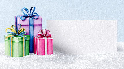Colorful gift boxes in green, pink, and purple with decorative ribbons are placed on a snowy surface, featuring a blank card for personalized messages and holiday greetings