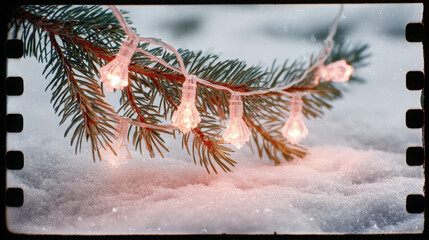 Vintage film photo of christmas garlandPine branch adorned with glowing holiday lights rests on soft snow, creating a warm and festive atmosphere for winter celebrations and seasonal decorations
