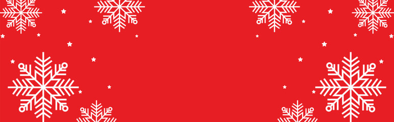 Festive red winter background with bold white geometric snowflakes and scattered stars framing wide copy space, ideal for Christmas greetings, seasonal invitations, web banners, and holiday promotions © bibin