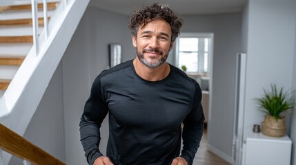 Athletic man in black long-sleeve shirt, smiling while standing at the top of stairs in a modern home, showcasing a welcoming and active lifestyle with bright interior design