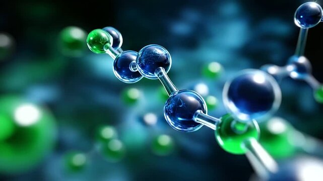 Molecular structure diagram, blue green atoms, chemical bond display, volatile organic compounds, VOCs concept visualization, environmental chemistry focus, scientific illustration